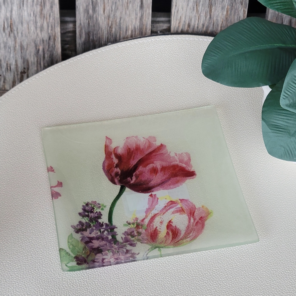Ganz Elegant Watercolor Tulips & Lilacs Square Glass Art Plate